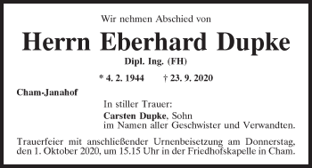 Traueranzeige von Eberhard Dupke von Bayerwald Echo