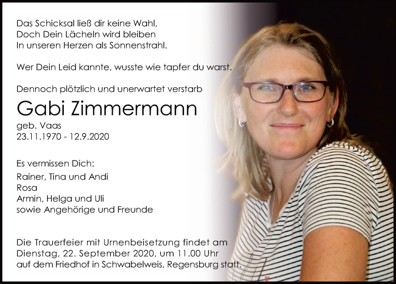  Traueranzeige für Gabi Zimmermann vom 19.09.2020 aus Mittelbayerische Zeitung Schwandorf