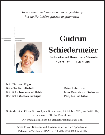 Traueranzeige von Gudrun Schiedermeier von Bayerwald Echo