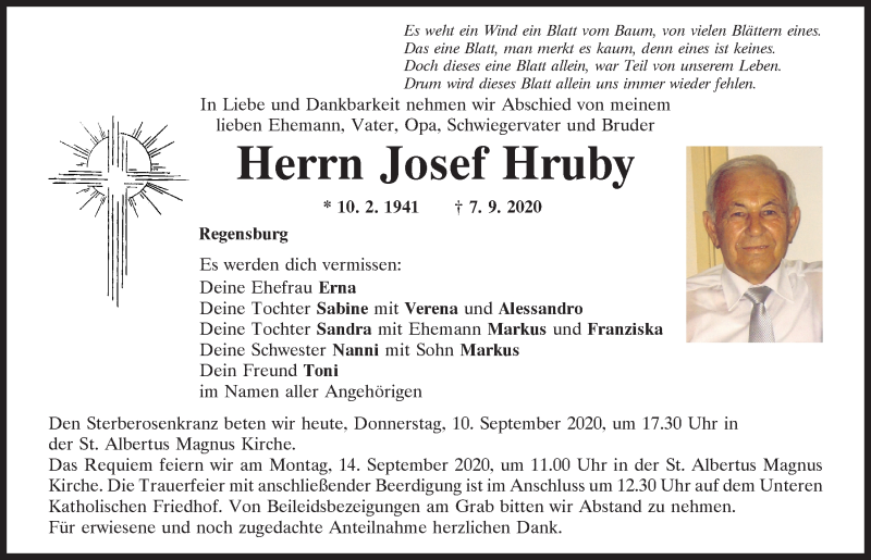  Traueranzeige für Josef Hruby vom 10.09.2020 aus Mittelbayerische Zeitung Regensburg