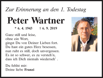 Traueranzeige von Peter Wartner von Mittelbayerische Zeitung Regensburg