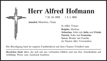 Traueranzeige von Alfred Hofmann von Bayerwald Echo