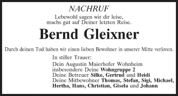 Traueranzeige von Bernd Gleixner von Bayerwald Echo