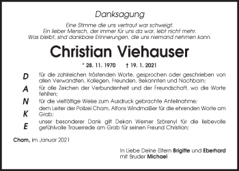 Traueranzeige von Christian Viehauser von Bayerwald Echo