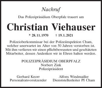 Traueranzeige von Christian Viehauser von Bayerwald Echo