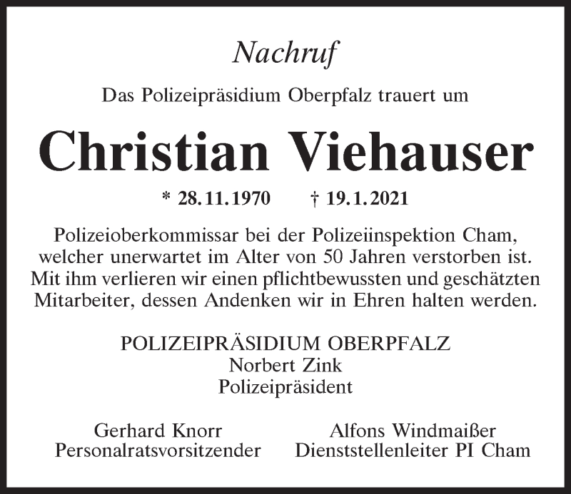  Traueranzeige für Christian Viehauser vom 22.01.2021 aus Bayerwald Echo