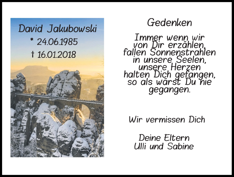  Traueranzeige für David Jakubowski vom 16.01.2021 aus Mittelbayerische Zeitung Kelheim