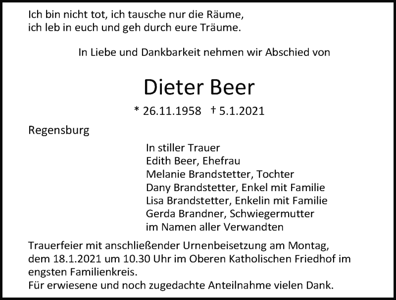  Traueranzeige für Dieter Beer vom 13.01.2021 aus Mittelbayerische Zeitung Regensburg