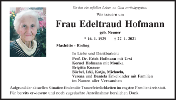 Traueranzeigen von Edeltraud Hofmann | Mittelbayerische Trauer