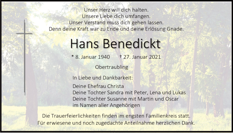  Traueranzeige für Hans Benedickt vom 30.01.2021 aus Mittelbayerische Zeitung Regensburg