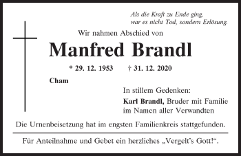 Traueranzeige von Manfred Brandl von Bayerwald Echo