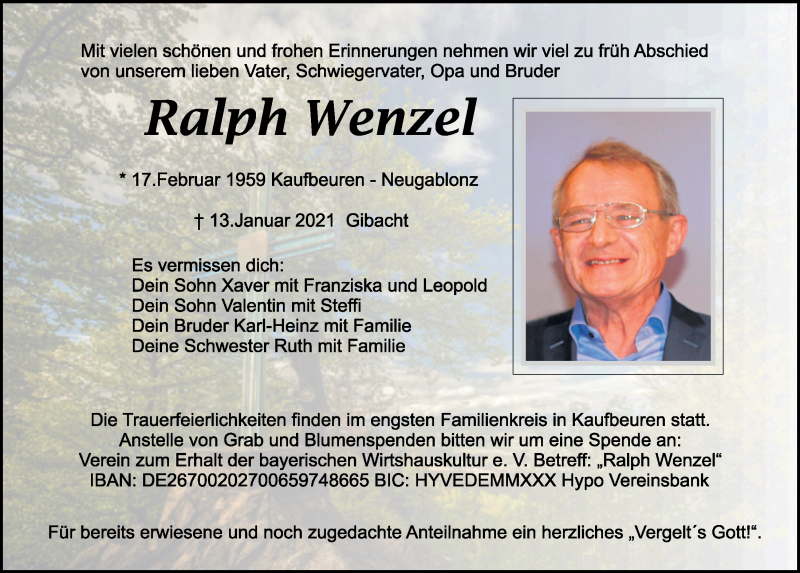  Traueranzeige für Ralph Wenzel vom 16.01.2021 aus Bayerwald Echo