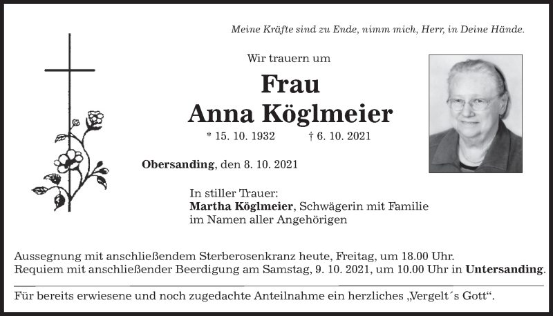  Traueranzeige für Anna Köglmeier vom 08.10.2021 aus Mittelbayerische Zeitung Regensburg