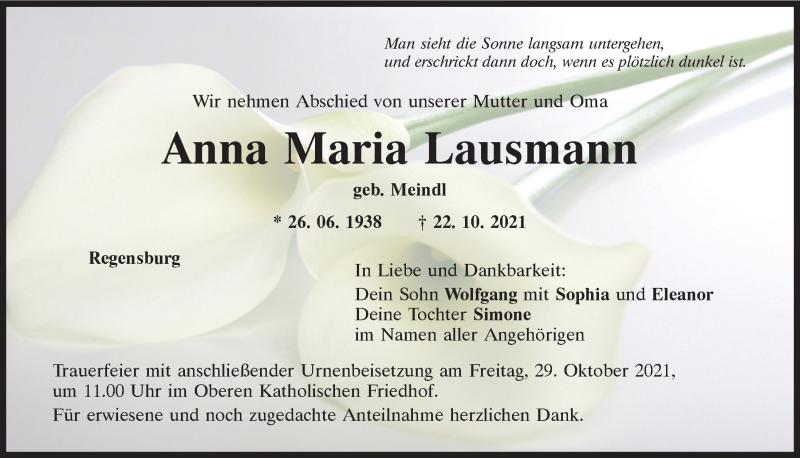  Traueranzeige für Anna Maria Lausmann vom 27.10.2021 aus Mittelbayerische Zeitung Regensburg