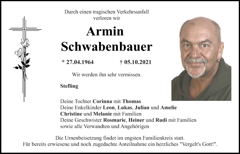  Traueranzeige für Armin Schwabenbauer vom 08.10.2021 aus Mittelbayerische Zeitung Schwandorf