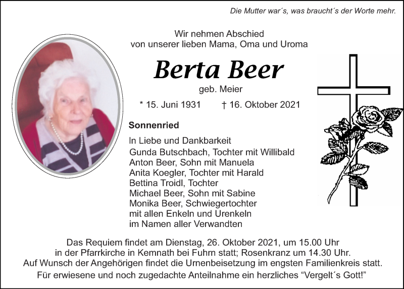  Traueranzeige für Berta Beer vom 23.10.2021 aus Mittelbayerische Zeitung Schwandorf