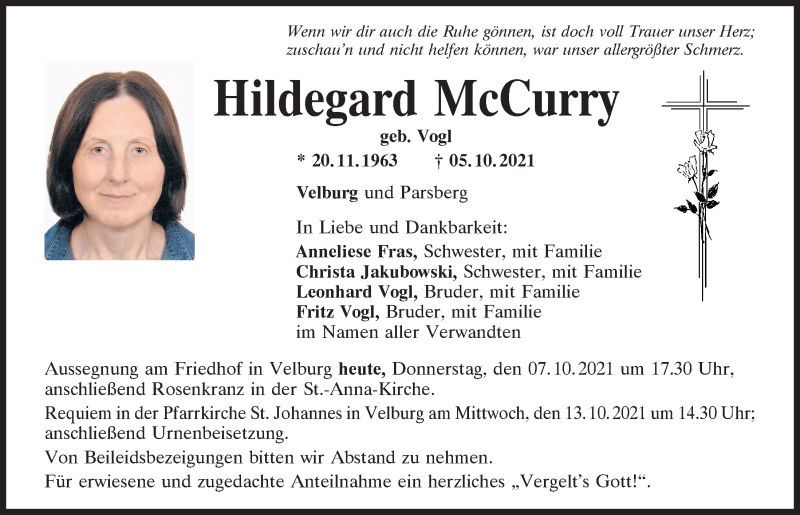  Traueranzeige für Hildegard McCurry vom 07.10.2021 aus Neumarkter Tagblatt