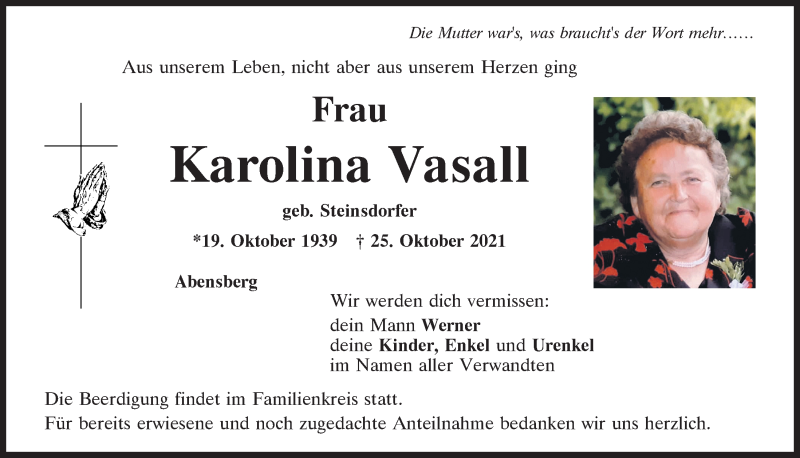  Traueranzeige für Karolina Vasall vom 26.10.2021 aus Mittelbayerische Zeitung Kelheim
