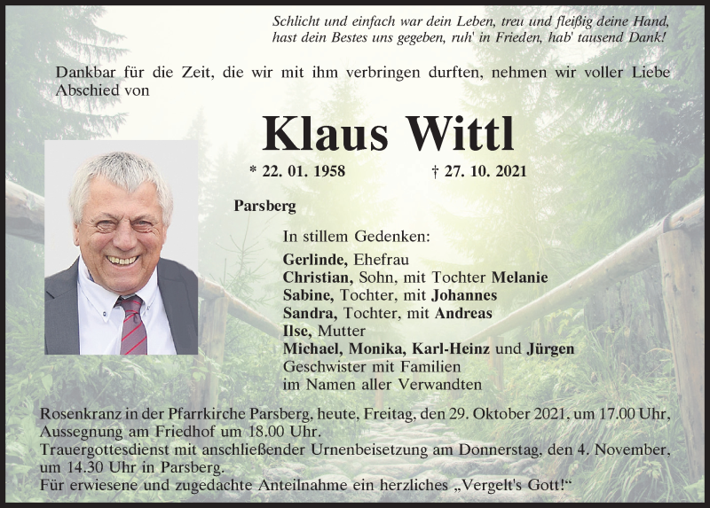  Traueranzeige für Klaus Wittl vom 29.10.2021 aus Neumarkter Tagblatt