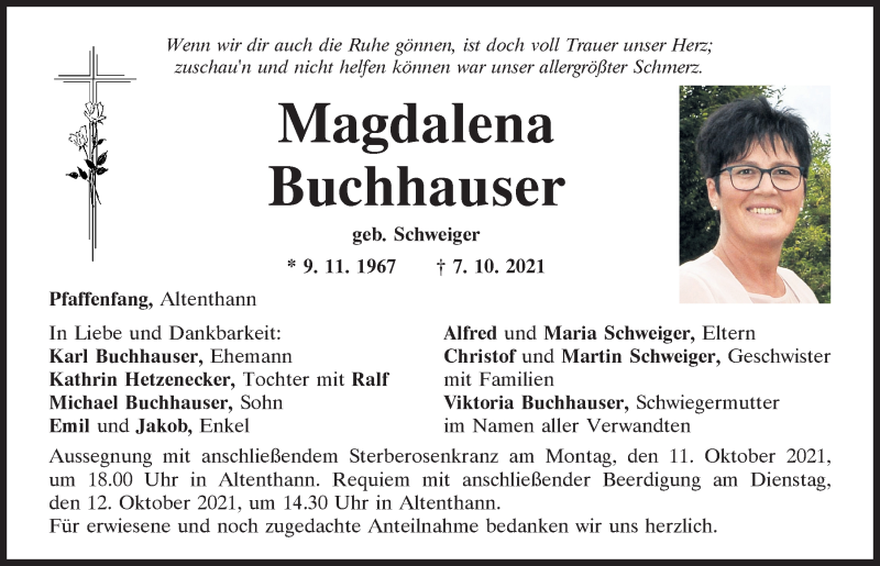  Traueranzeige für Magdalena Buchhauser vom 09.10.2021 aus Mittelbayerische Zeitung Regensburg