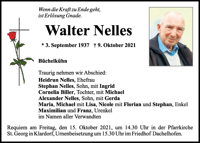  Traueranzeige für Walter Nelles vom 12.10.2021 aus Mittelbayerische Zeitung Schwandorf