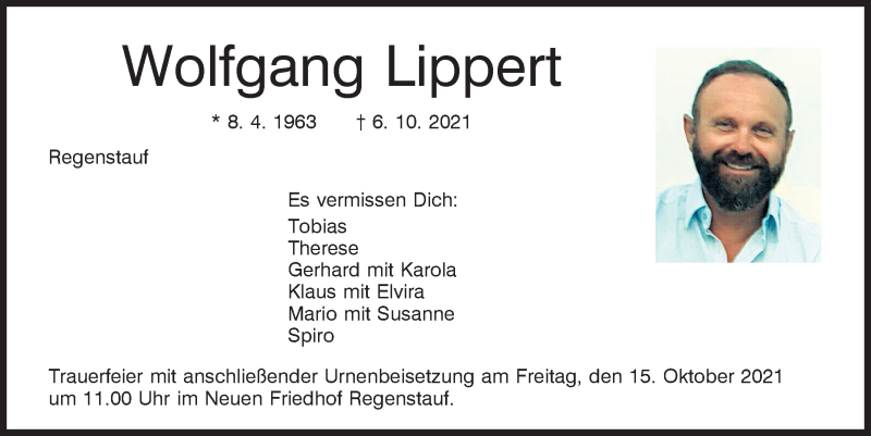  Traueranzeige für Wolfgang Lippert vom 14.10.2021 aus Mittelbayerische Zeitung Regensburg