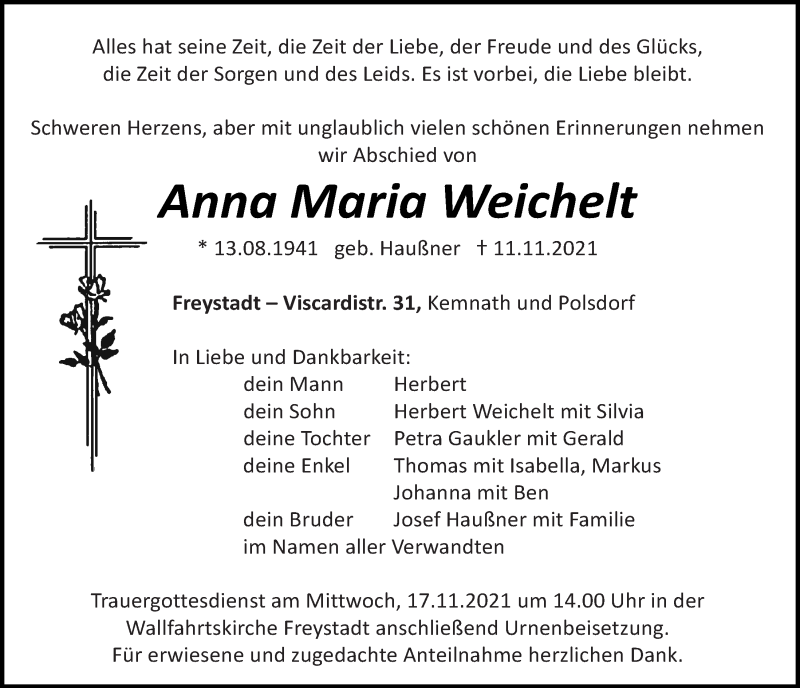 Traueranzeigen von Anna Maria Weichelt | Mittelbayerische Trauer