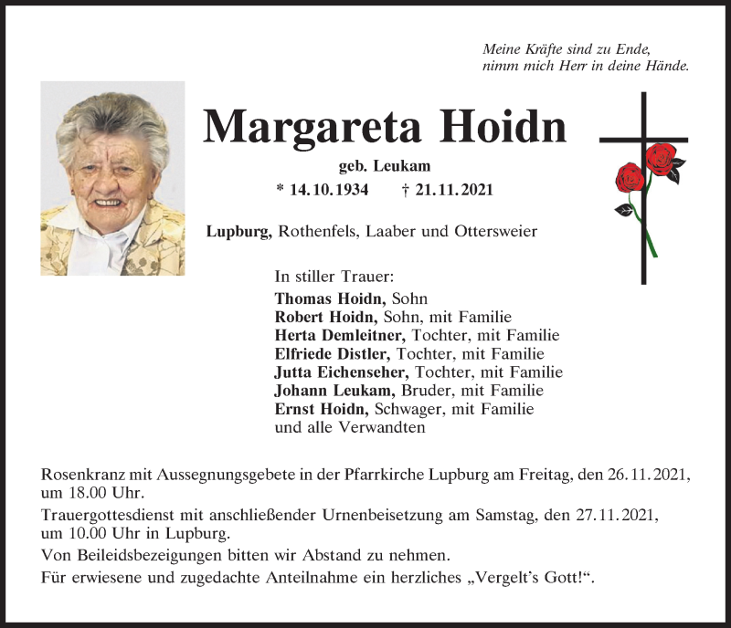  Traueranzeige für Margareta Hoidn vom 25.11.2021 aus Neumarkter Tagblatt