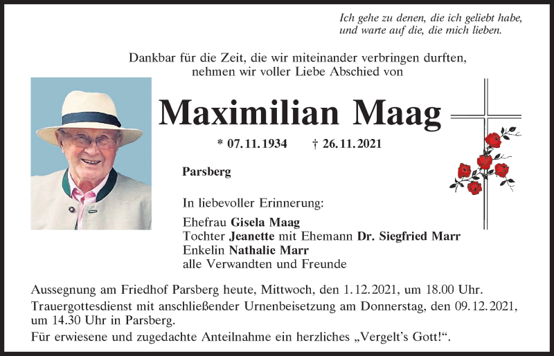  Traueranzeige für Maximilian Maag vom 01.12.2021 aus Neumarkter Tagblatt