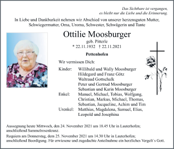 Traueranzeige von Ottilie Moosburger von Neumarkter Tagblatt