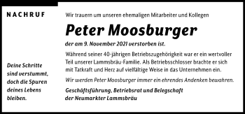 Traueranzeige von Peter Moosburger von Neumarkter Tagblatt