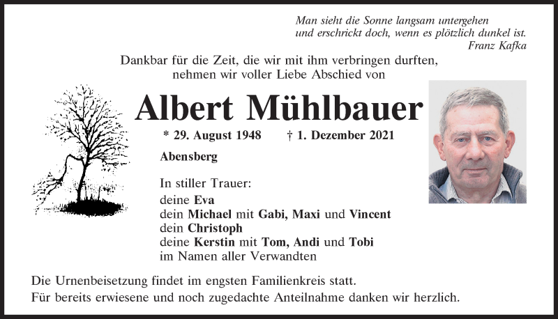 Traueranzeigen Von Albert Mühlbauer | Mittelbayerische Trauer