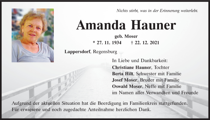  Traueranzeige für Amanda Hauner vom 29.12.2021 aus Mittelbayerische Zeitung Regensburg