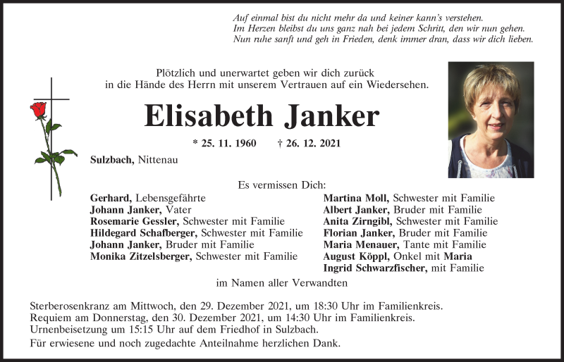 Traueranzeigen von Elisabeth Janker | Mittelbayerische Trauer