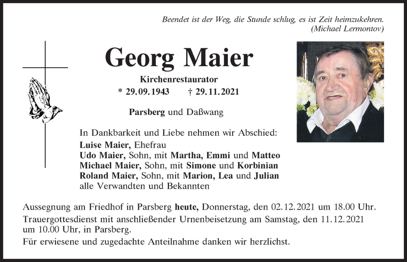  Traueranzeige für Georg Maier vom 02.12.2021 aus Neumarkter Tagblatt