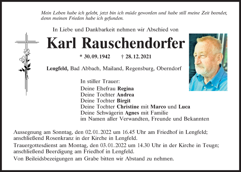  Traueranzeige für Karl Rauschendorfer vom 31.12.2021 aus Mittelbayerische Zeitung Regensburg