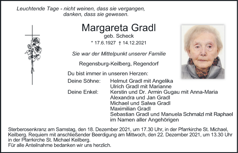 Traueranzeigen von Margareta Gradl | Mittelbayerische Trauer