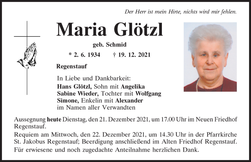 Traueranzeigen von Maria Glötzl | Mittelbayerische Trauer