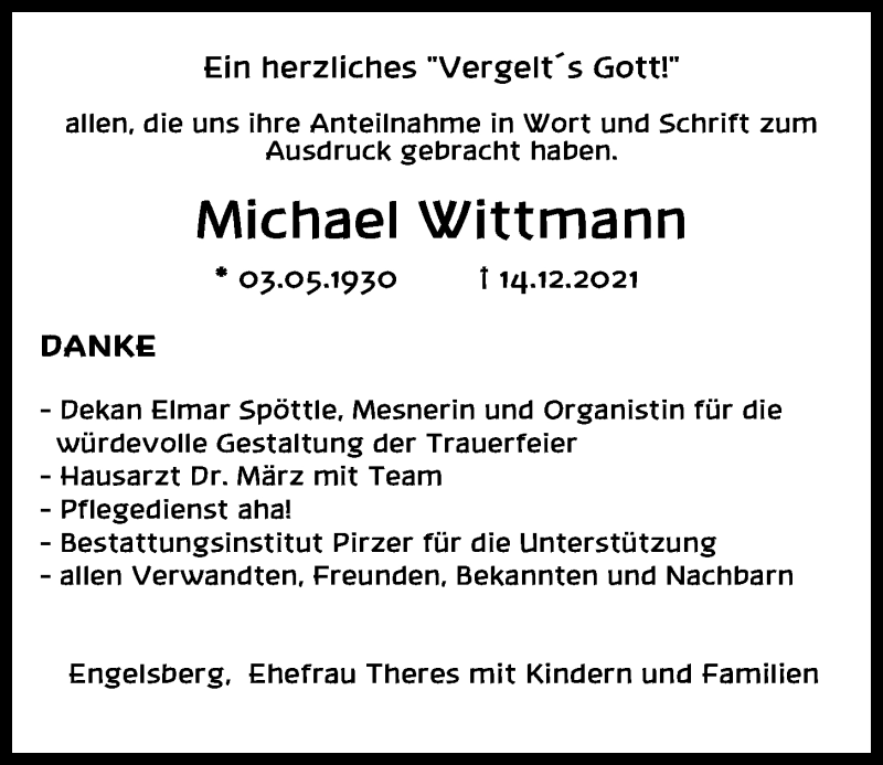 Traueranzeigen von Michael Wittmann | Mittelbayerische Trauer