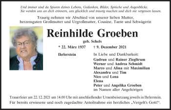 Traueranzeigen von Reinhilde Groeben | Mittelbayerische Trauer