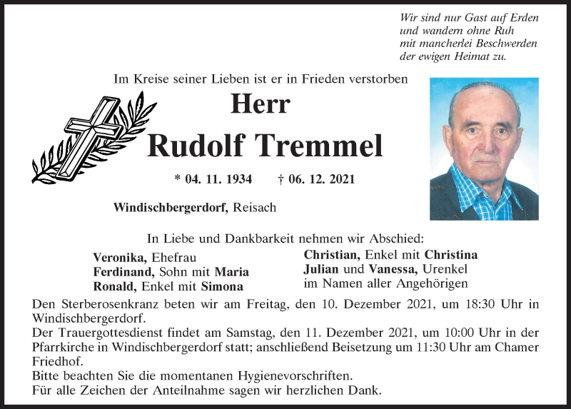 Traueranzeigen von Rudolf Tremmel | Mittelbayerische Trauer