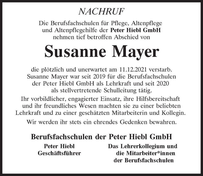  Traueranzeige für Susanne Mayer vom 22.12.2021 aus Mittelbayerische Zeitung Schwandorf