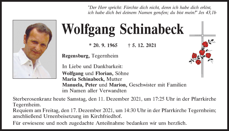  Traueranzeige für Wolfgang Schinabeck vom 11.12.2021 aus Mittelbayerische Zeitung Regensburg