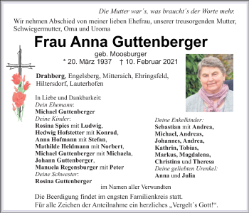 Traueranzeige von Anna Guttenberger von Neumarkter Tagblatt