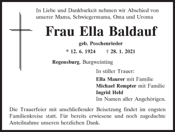 Traueranzeige von Ella Baldauf von Mittelbayerische Zeitung Regensburg