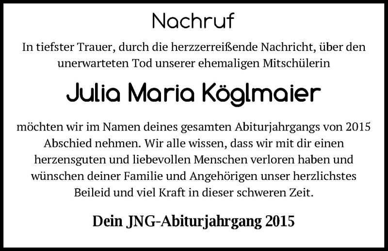  Traueranzeige für Julia Maria Köglmaier vom 19.02.2021 aus Mittelbayerische Zeitung Kelheim