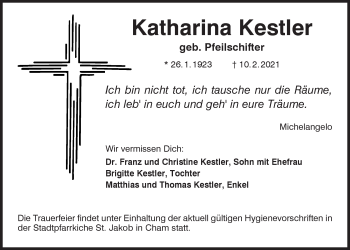 Traueranzeige von Katharina Kestler von Bayerwald Echo