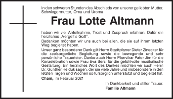 Traueranzeige von Lotte Altmann von Bayerwald Echo