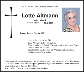 Traueranzeige von Lotte Altmann von Bayerwald Echo