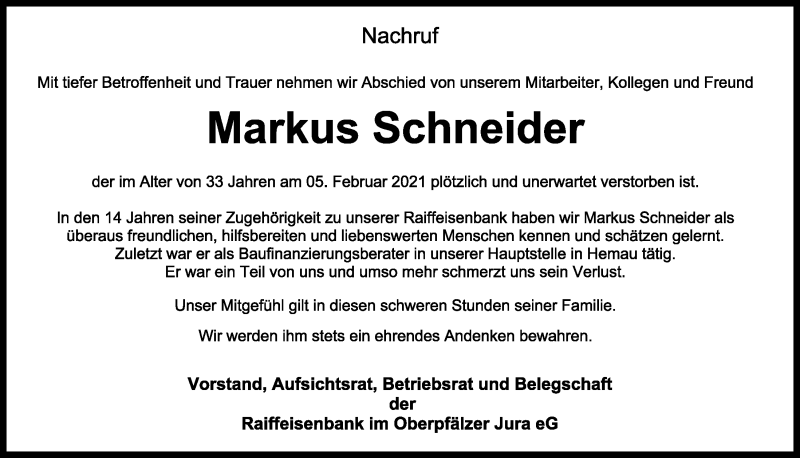  Traueranzeige für Markus Schneider vom 13.02.2021 aus Neumarkter Tagblatt